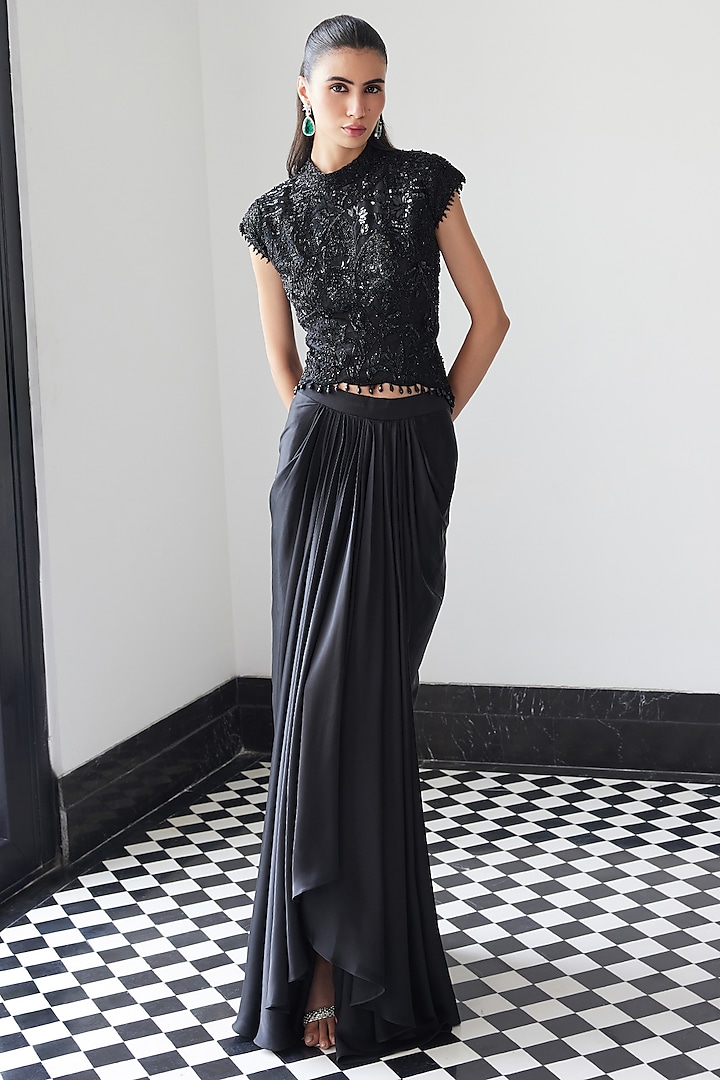 Black Satin Draped Skirt Set by ISTYA at Pernia's Pop Up Shop