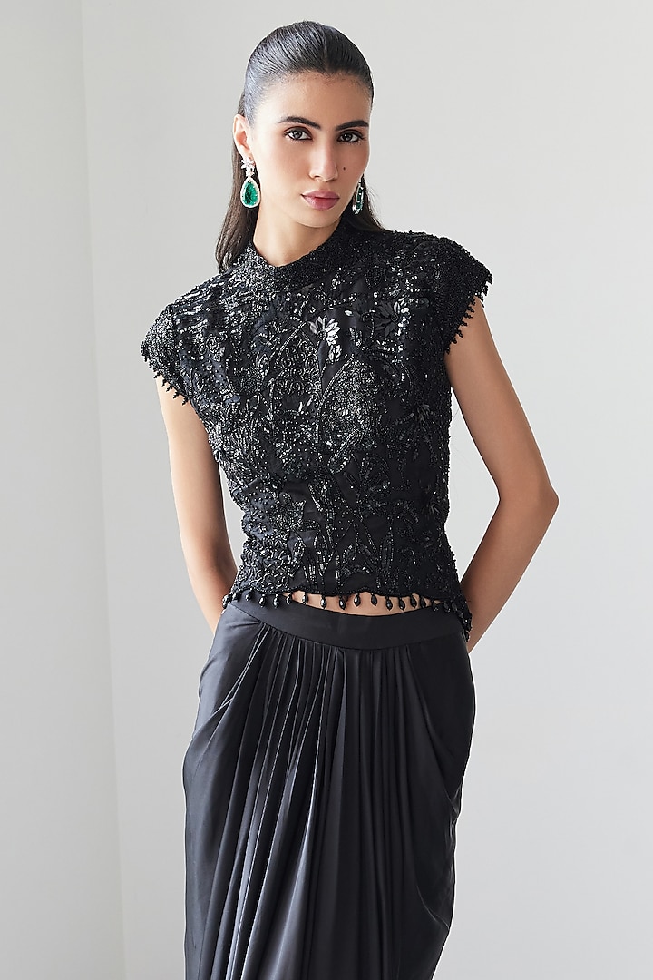 Black Satin Draped Skirt Set by ISTYA at Pernia's Pop Up Shop