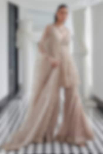 Beige Tissue Sequin & Cutdana Embroidered Bridal Sharara Set by ISTYA at Pernia's Pop Up Shop