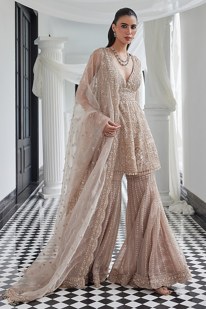 Beige Tissue Sequin & Cutdana Embroidered Bridal Sharara Set by ISTYA at Pernia's Pop Up Shop