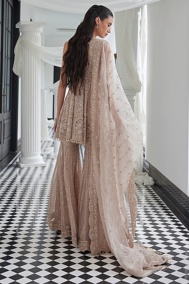 Beige Tissue Sequin & Cutdana Embroidered Bridal Sharara Set by ISTYA at Pernia's Pop Up Shop