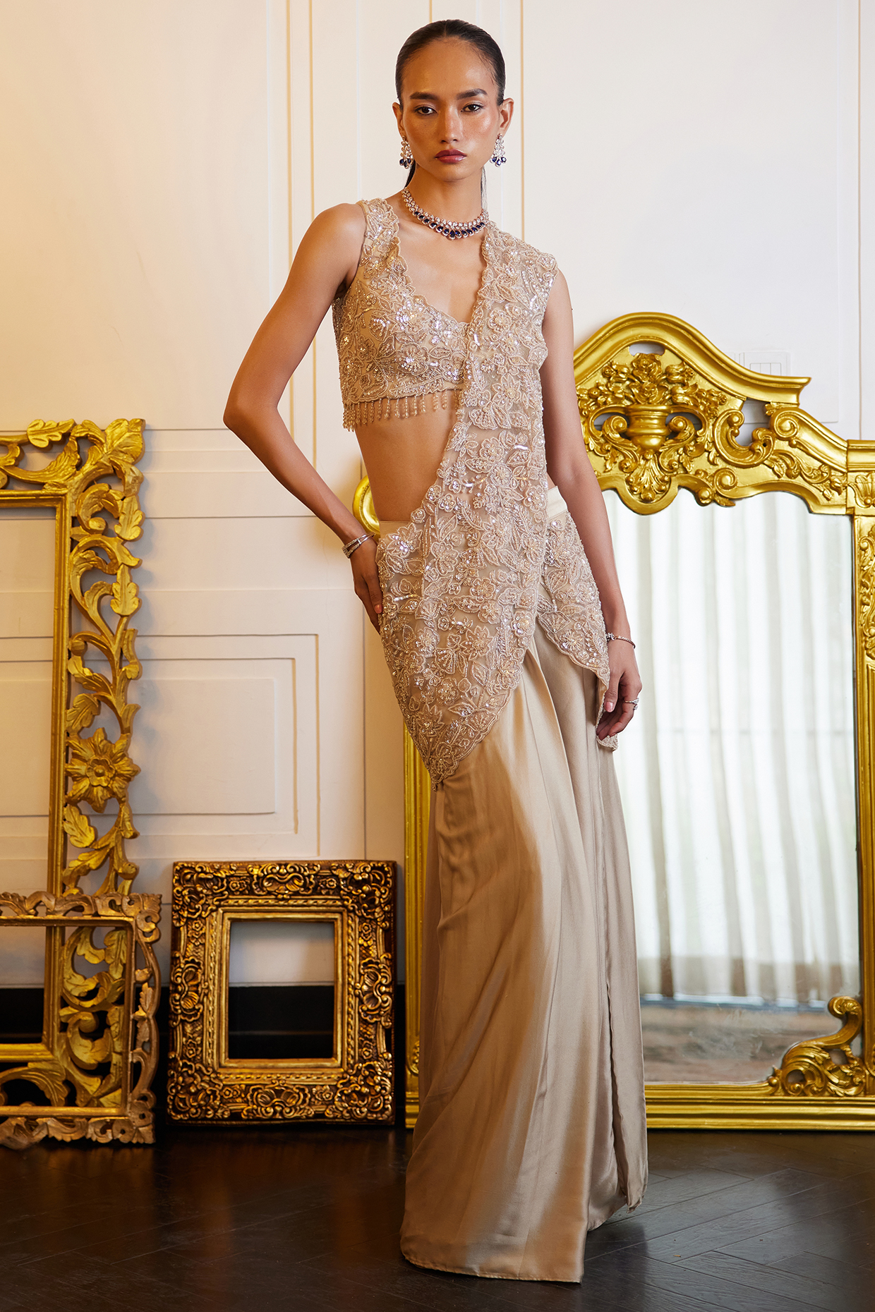 Beige Pure Satin & Net Sequin Embroidered Draped Slit Wedding Saree Set by ISTYA at Pernia's Pop Up Shop