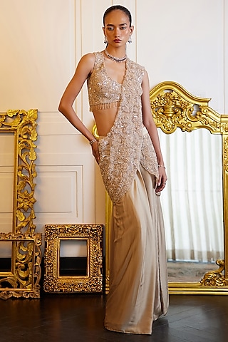 Beige Pure Satin & Net Sequin Embroidered Draped Slit Saree Set by ISTYA