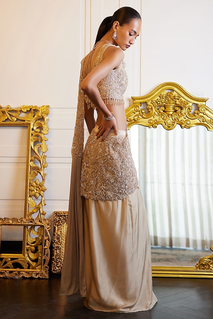 Beige Pure Satin & Net Sequin Embroidered Draped Slit Wedding Saree Set by ISTYA at Pernia's Pop Up Shop