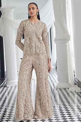 Beige Net Sequin & Cutdana Embroidered Co-Ord Set by ISTYA