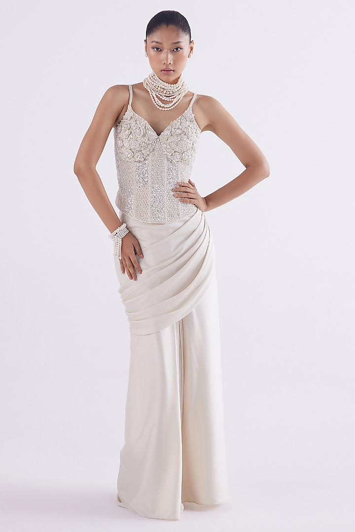 Ivory Satin Draped Skirt Set by ISTYA at Pernia's Pop Up Shop