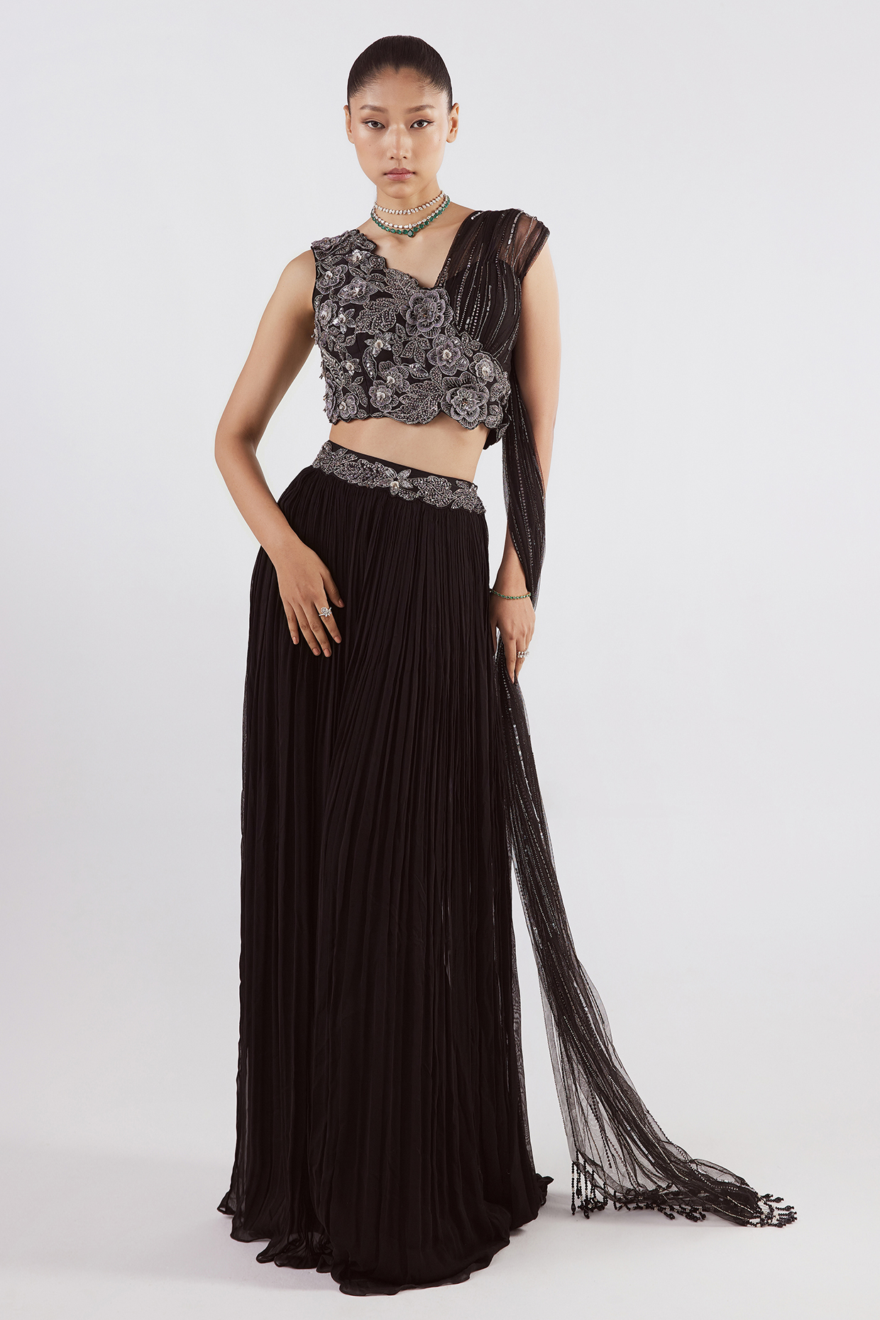 Black Georgette & Net Skirt Wedding Saree Set by ISTYA at Pernia's Pop Up Shop