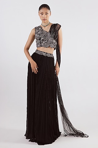Black Georgette & Net Skirt Saree Set by ISTYA