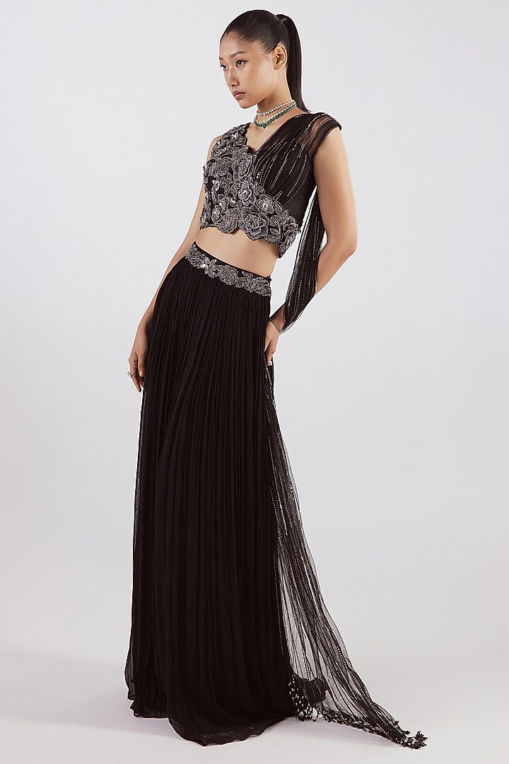 Black Georgette & Net Skirt Wedding Saree Set by ISTYA at Pernia's Pop Up Shop