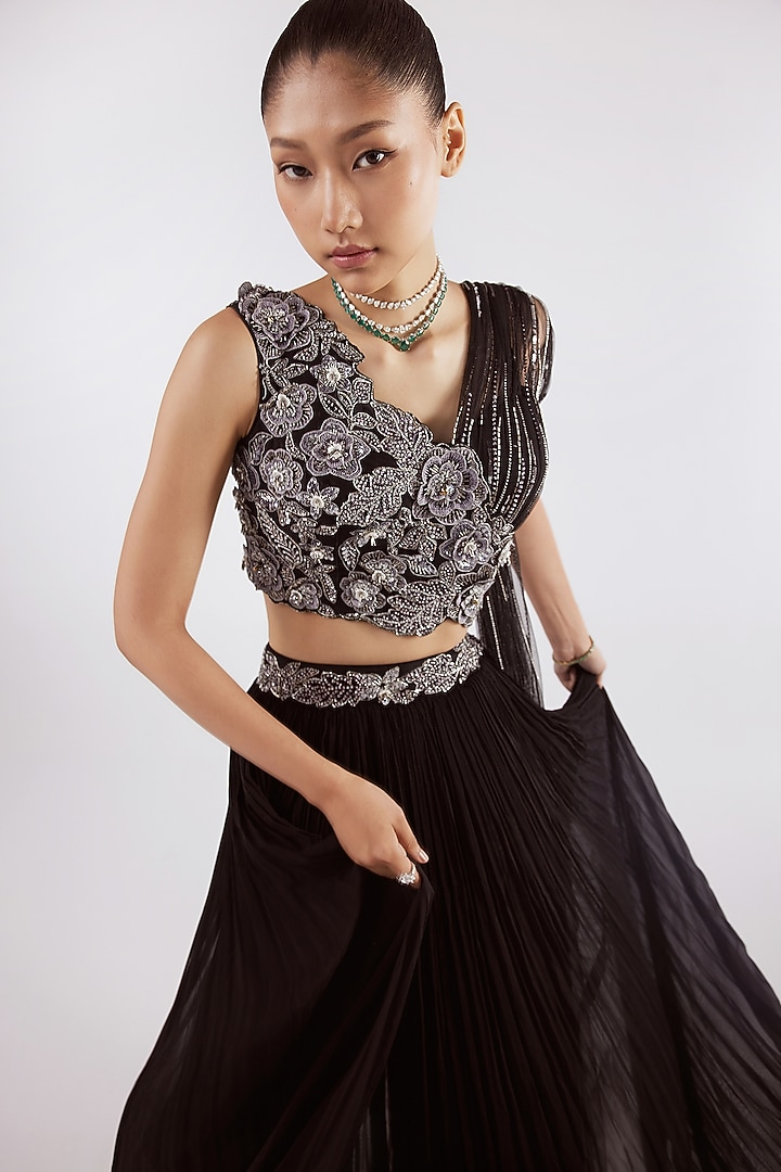 Black Georgette & Net Skirt Wedding Saree Set by ISTYA at Pernia's Pop Up Shop