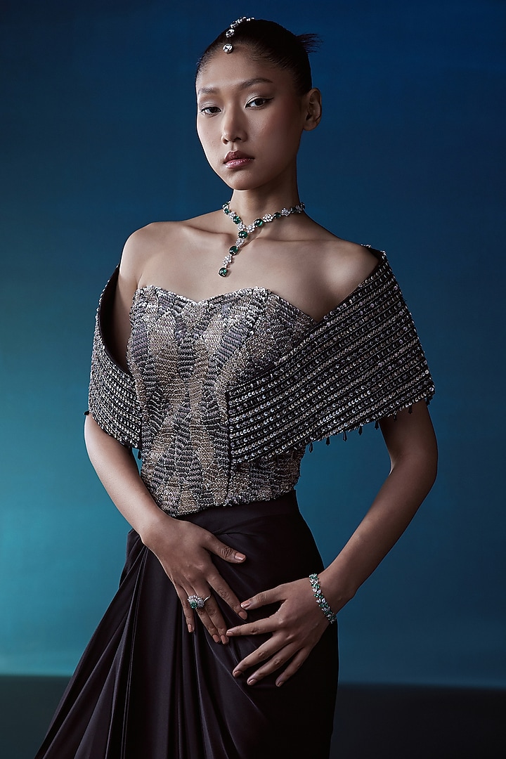 Black Satin Draped Skirt Set by ISTYA at Pernia's Pop Up Shop