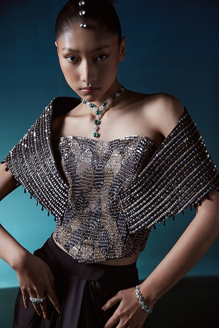 Black Satin Draped Skirt Set by ISTYA at Pernia's Pop Up Shop
