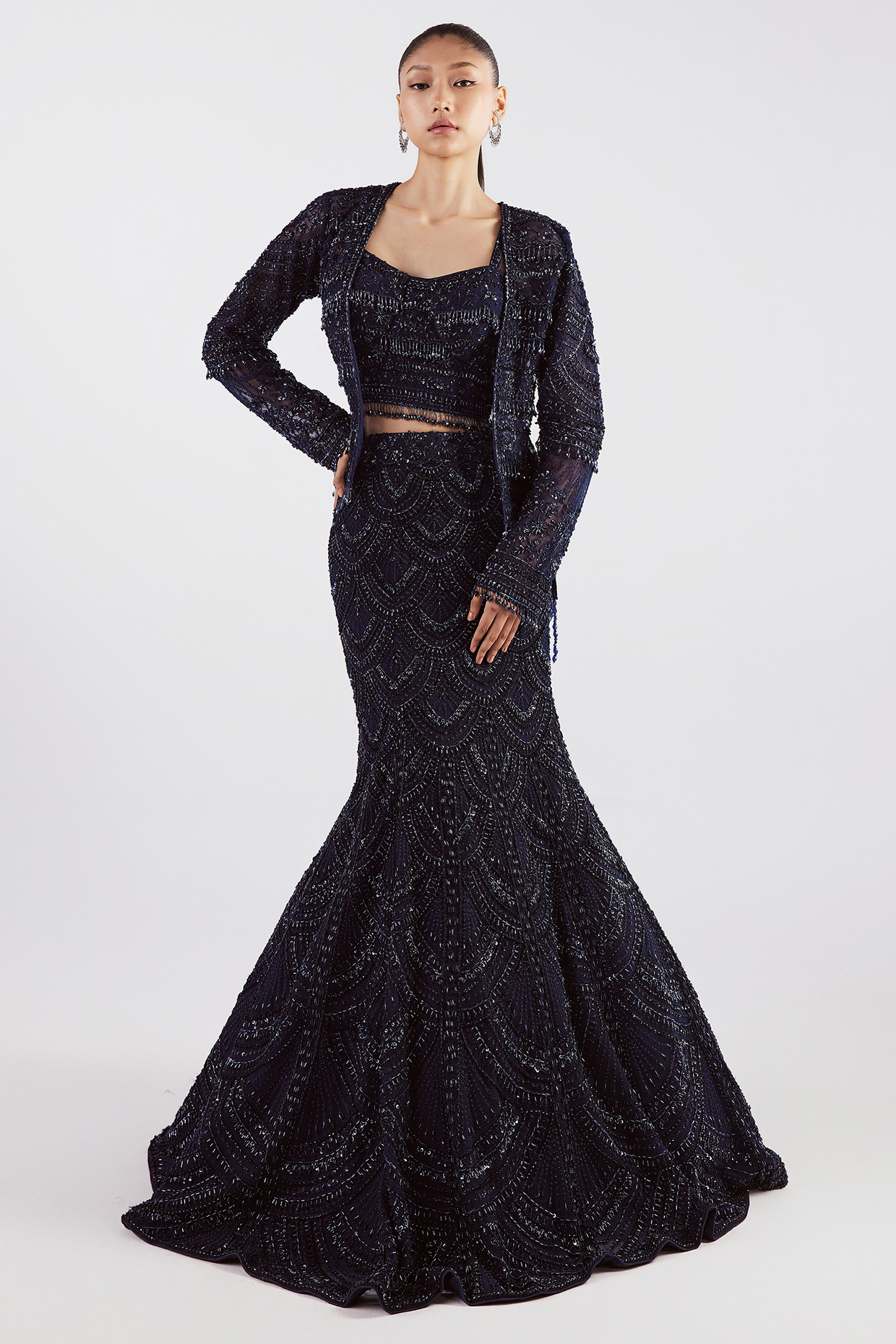 Navy Net Embellished Fish-Cut Jacket Wedding Lehenga Set by ISTYA at Pernia's Pop Up Shop