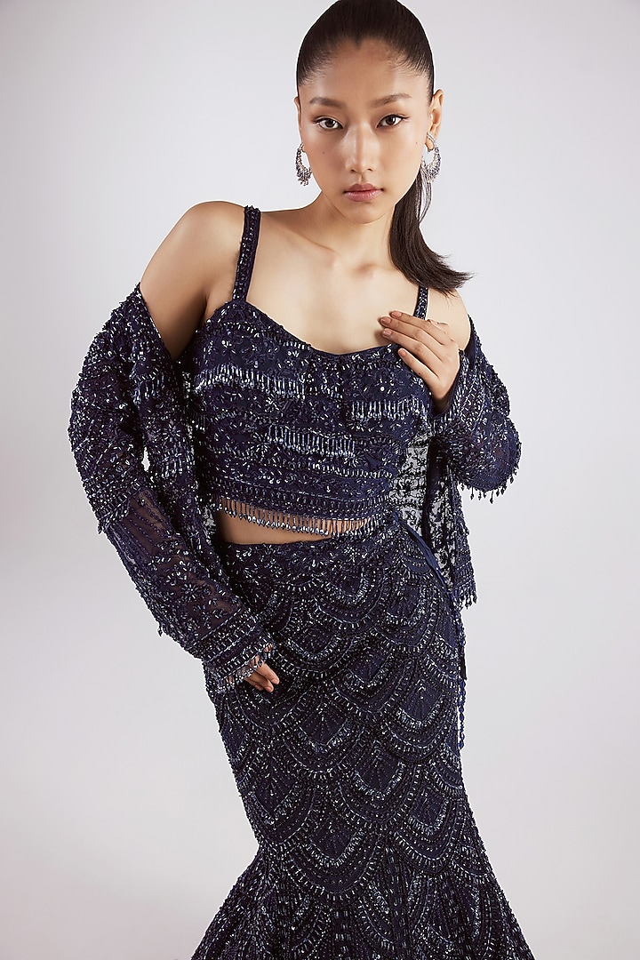 Navy Net Embellished Fish-Cut Jacket Bridal Lehenga Set by ISTYA at Pernia's Pop Up Shop