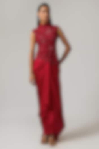 Red Pure Satin Draped Skirt Set by ISTYA at Pernia's Pop Up Shop