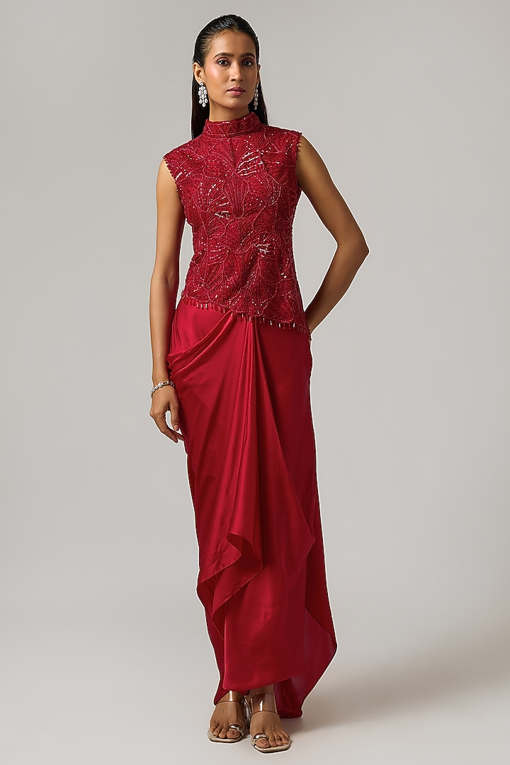 Red Pure Satin Draped Skirt Set by ISTYA at Pernia's Pop Up Shop