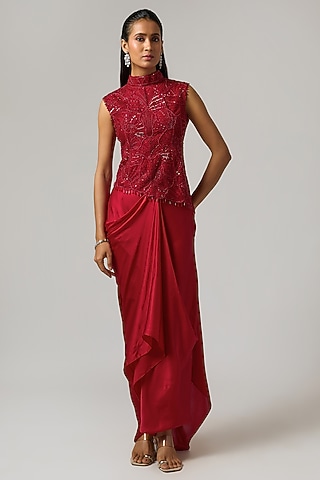 Red Pure Satin Draped Skirt Set by ISTYA