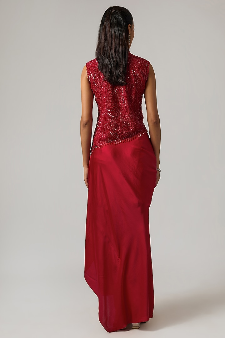 Red Pure Satin Draped Skirt Set by ISTYA at Pernia's Pop Up Shop