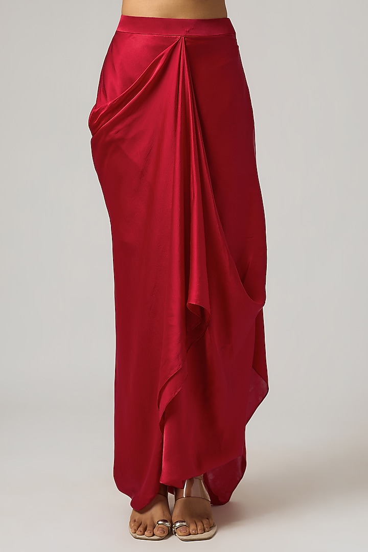 Red Pure Satin Draped Skirt Set by ISTYA at Pernia's Pop Up Shop