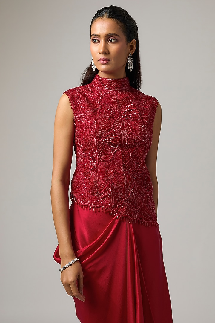 Red Pure Satin Draped Skirt Set by ISTYA at Pernia's Pop Up Shop