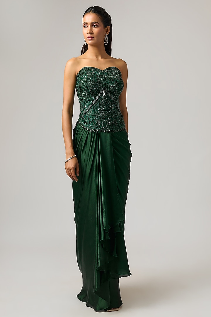 Emerald Green Satin Skirt Set by ISTYA at Pernia's Pop Up Shop