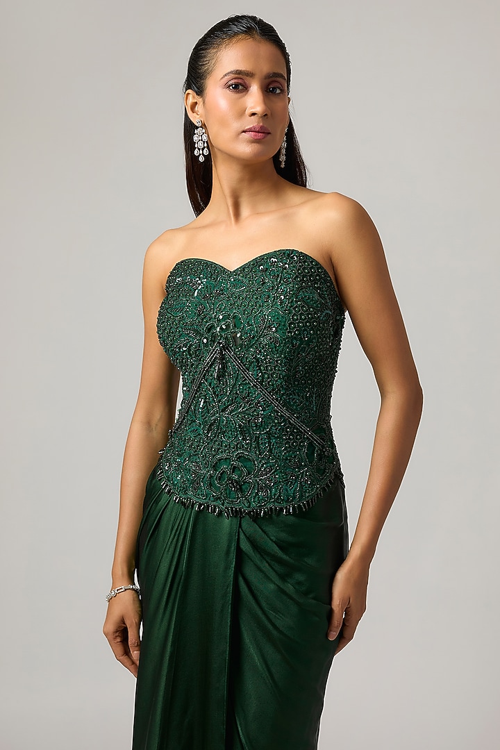 Emerald Green Satin Skirt Set by ISTYA at Pernia's Pop Up Shop