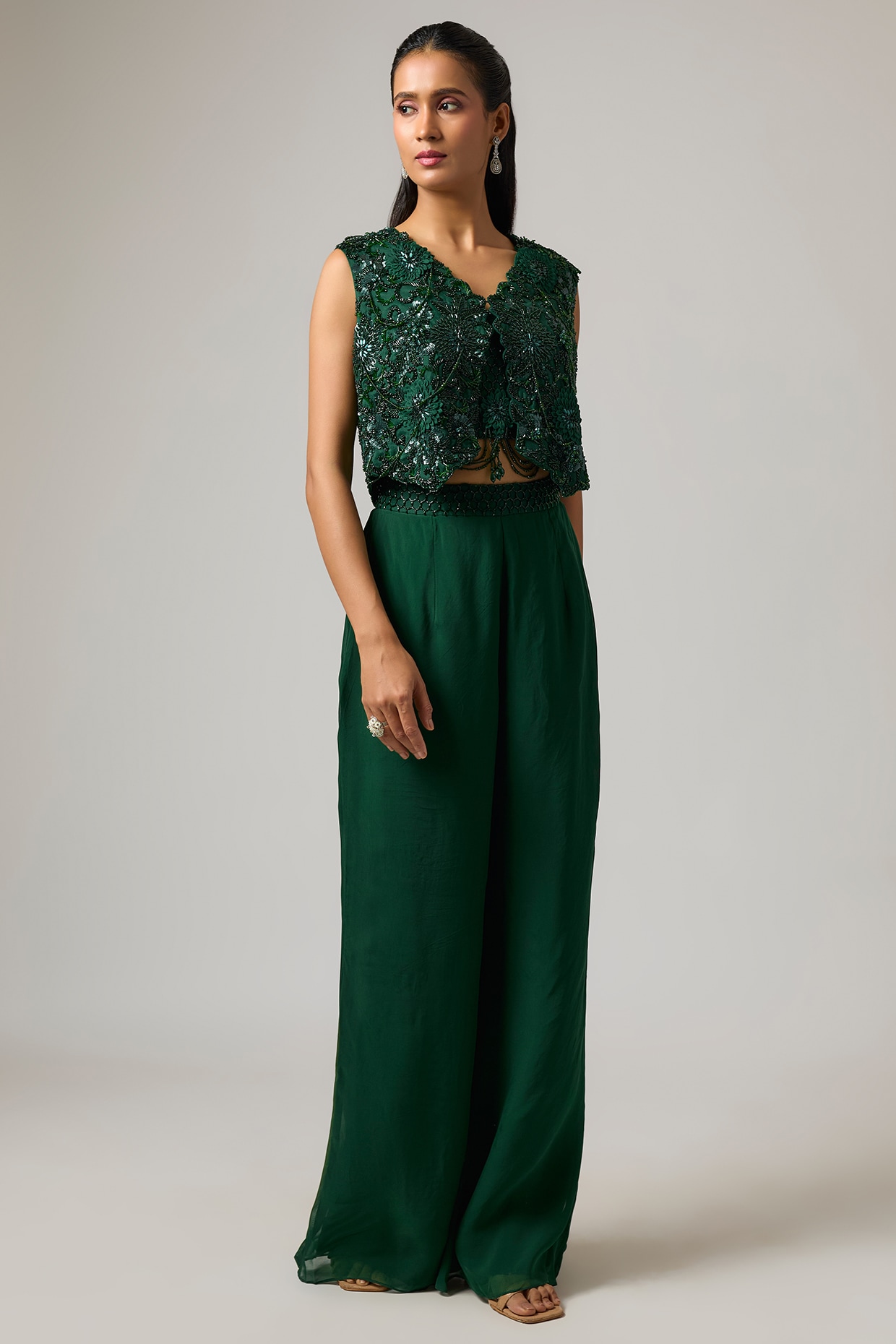 ISTYA Emerald Green Organza 3D Hand Embroidered Jacket Set