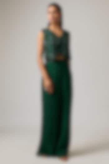 Emerald Green Organza 3D Hand Embroidered Jacket Set by ISTYA at Pernia's Pop Up Shop