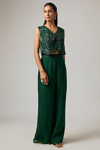 Emerald Green Organza 3D Hand Embroidered Jacket Set by ISTYA