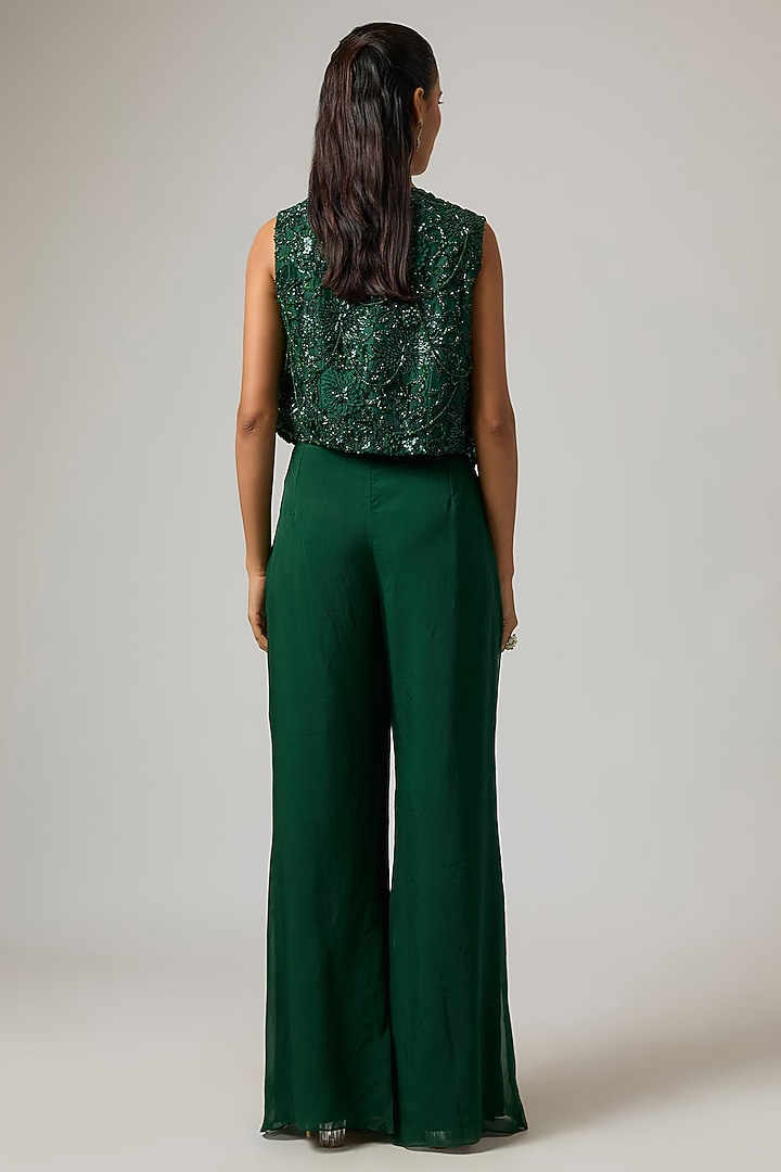 Emerald Green Organza 3D Hand Embroidered Jacket Set by ISTYA at Pernia's Pop Up Shop