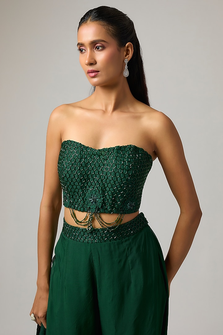 Emerald Green Organza 3D Hand Embroidered Jacket Set by ISTYA at Pernia's Pop Up Shop