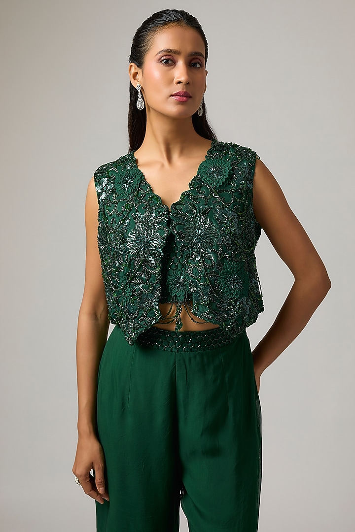 Emerald Green Organza 3D Hand Embroidered Jacket Set by ISTYA at Pernia's Pop Up Shop