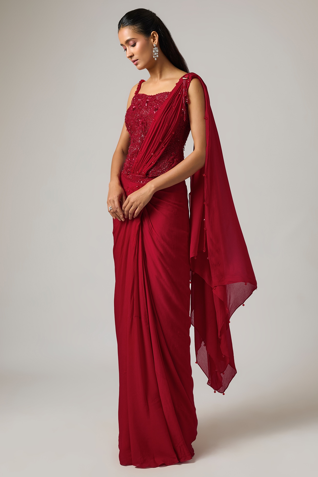ISTYA Red Chinon Draped Saree Set