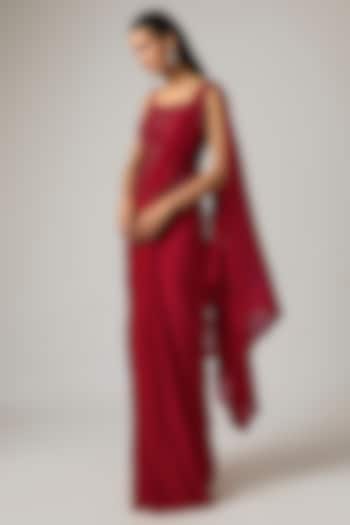 Red Chinon Draped Wedding Saree Set by ISTYA at Pernia's Pop Up Shop