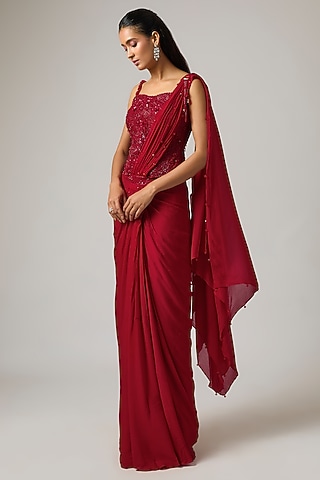 Red Chinon Draped Saree Set by ISTYA