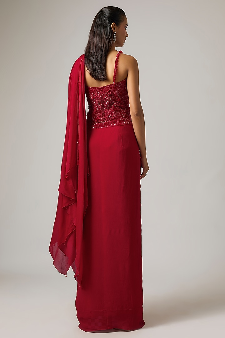 Red Chinon Draped Wedding Saree Set by ISTYA at Pernia's Pop Up Shop