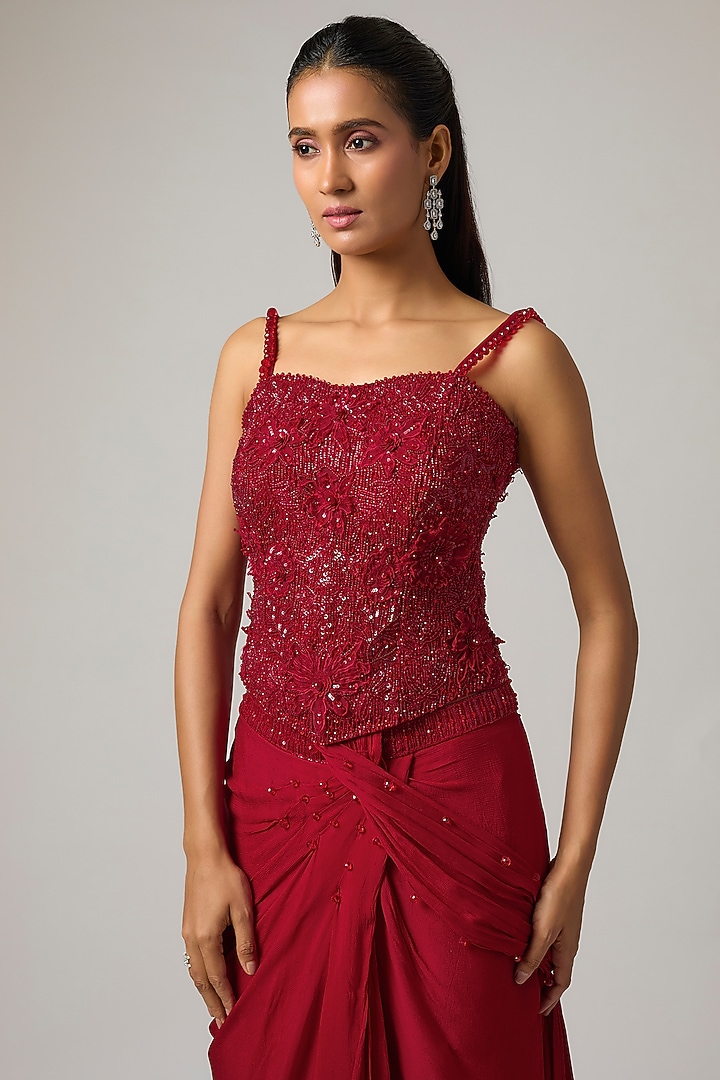 Red Chinon Draped Wedding Saree Set by ISTYA at Pernia's Pop Up Shop