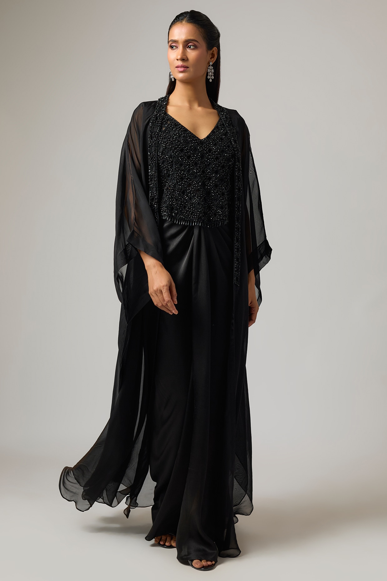 ISTYA Black Organza Crystal Work Jacket Set