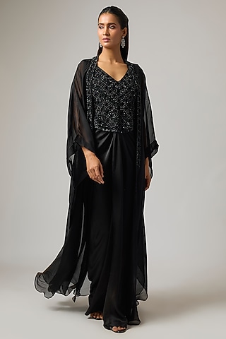 Black Organza Crystal Work Jacket Set by ISTYA