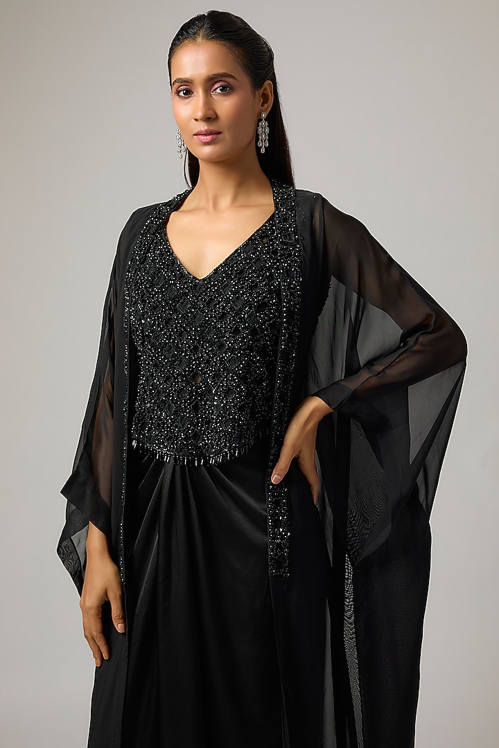 Black Organza Crystal Work Jacket Set by ISTYA at Pernia's Pop Up Shop