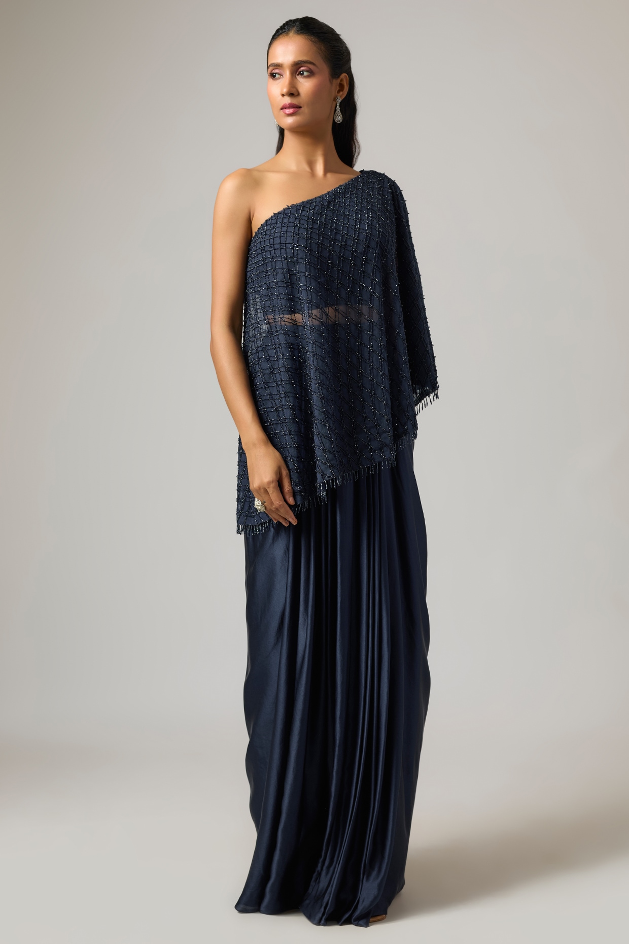 ISTYA Navy Blue Net Off-Shoulder Cape Set