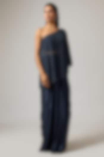 Navy Blue Net Off-Shoulder Cape Set by ISTYA at Pernia's Pop Up Shop