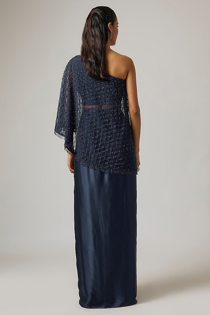 Navy Blue Net Off-Shoulder Cape Set by ISTYA at Pernia's Pop Up Shop