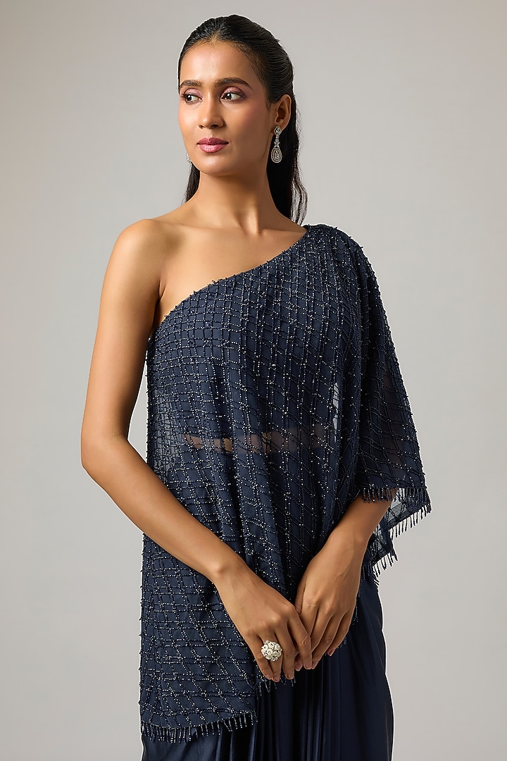 Navy Blue Net Off-Shoulder Cape Set by ISTYA at Pernia's Pop Up Shop
