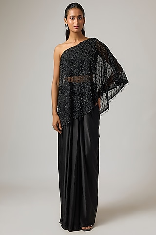 Black Net Off-Shoulder Cape Set by ISTYA
