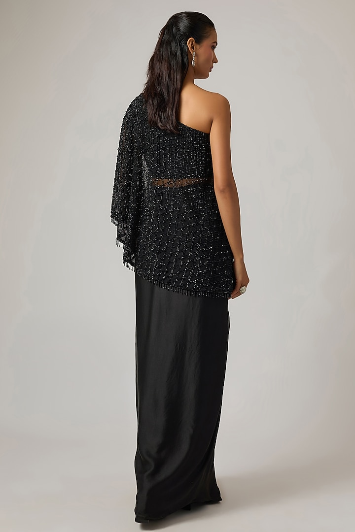 Black Net Off-Shoulder Cape Set by ISTYA at Pernia's Pop Up Shop
