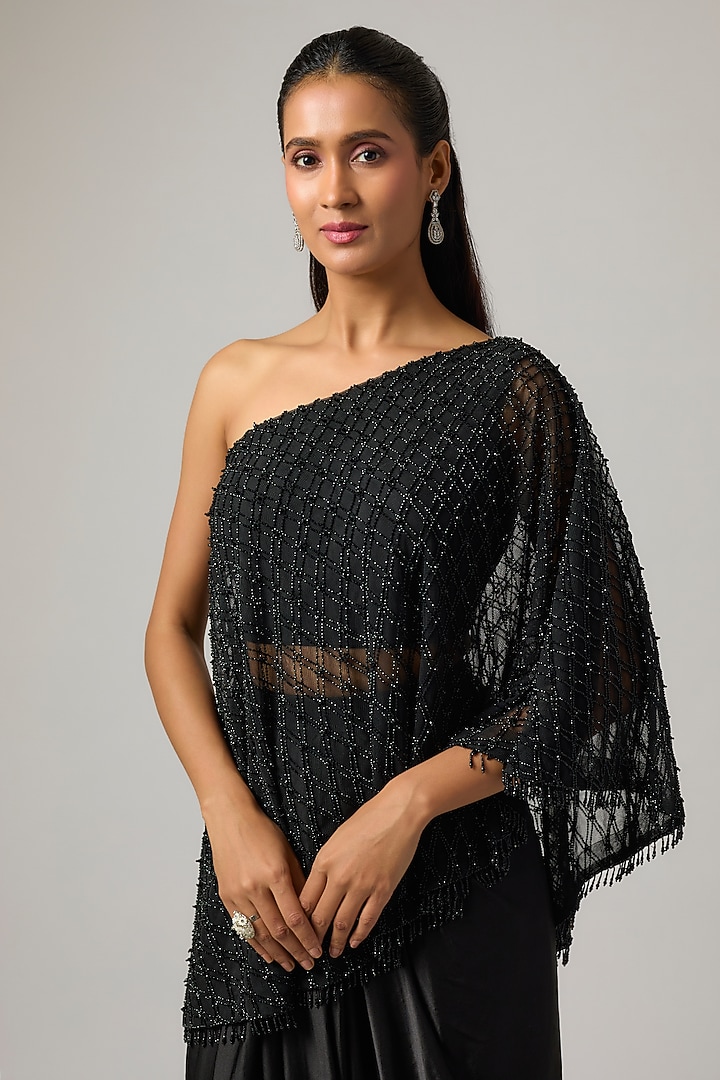 Black Net Off-Shoulder Cape Set by ISTYA at Pernia's Pop Up Shop