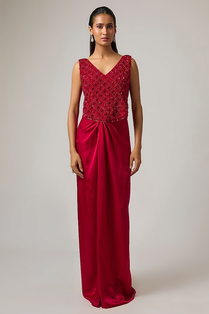 Red Satin Skirt Set by ISTYA at Pernia's Pop Up Shop