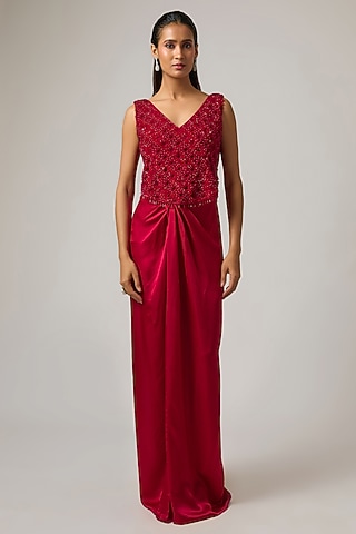 Red Satin Skirt Set by ISTYA
