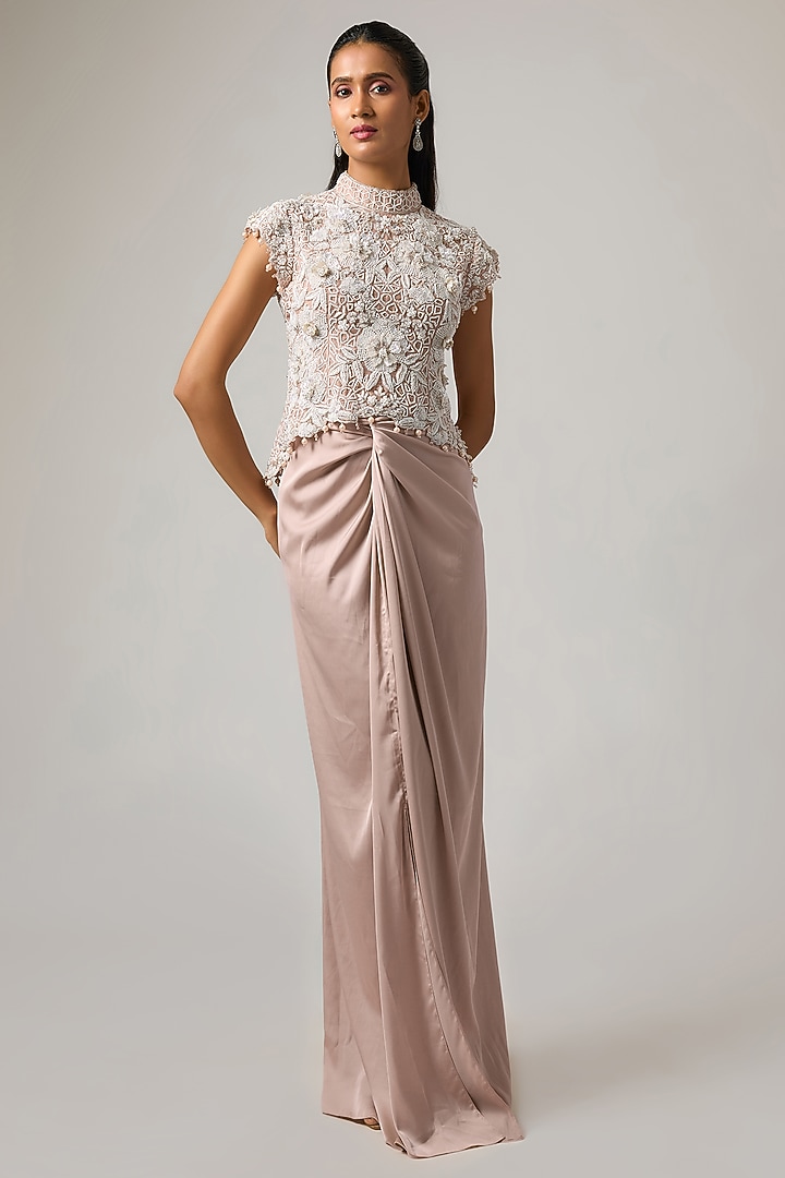 Pink Pure Satin Draped Skirt Set by ISTYA at Pernia's Pop Up Shop